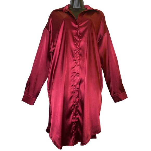 Fashion Nova Burgundy XL‎ Satin Belted Button-Up Shirt Dress Sexy Classic Goth - Picture 3 of 7